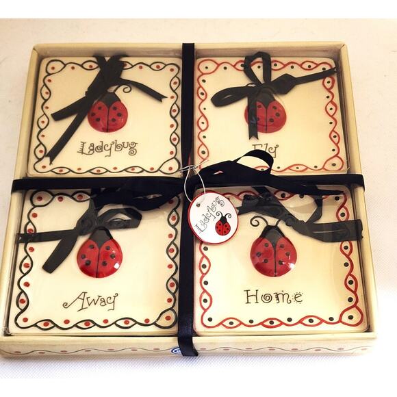 LADYBUG HANGING TILES-Embossed Ladybug-Black Hanging Ribbon-4.5"x4.5"-Set of 4 - Picture 9 of 11